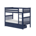 Navy blue wooden loft-style bunk bed with ladder, slatted guardrails and built-in under-bed storage drawers — modern kids bedroom furniture