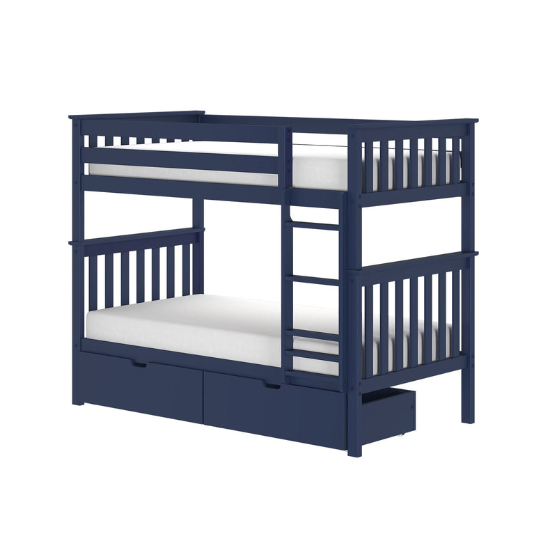 Navy blue wooden loft-style bunk bed with ladder, slatted guardrails and built-in under-bed storage drawers — modern kids bedroom furniture