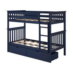 Navy blue wooden bunk bed with ladder and storage drawers underneath.