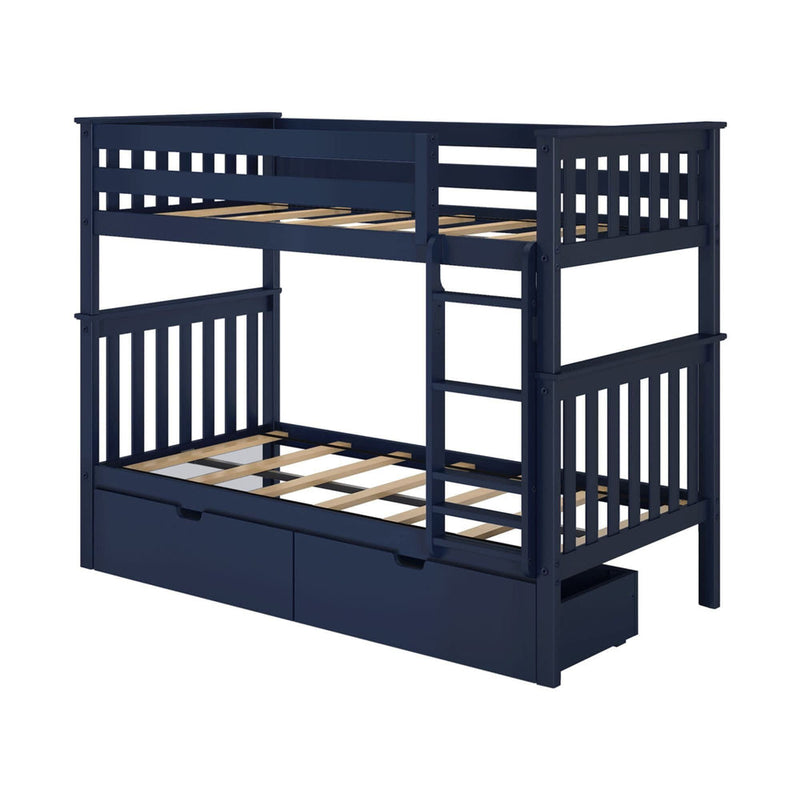 Navy blue wooden bunk bed with ladder and storage drawers underneath.