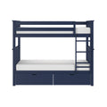 Navy blue twin-over-full bunk bed with ladder, built-in under-bed storage drawers and white mattresses
