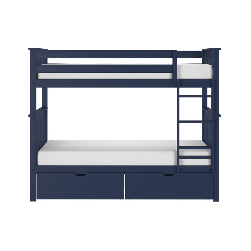 Navy blue twin-over-full bunk bed with ladder, built-in under-bed storage drawers and white mattresses