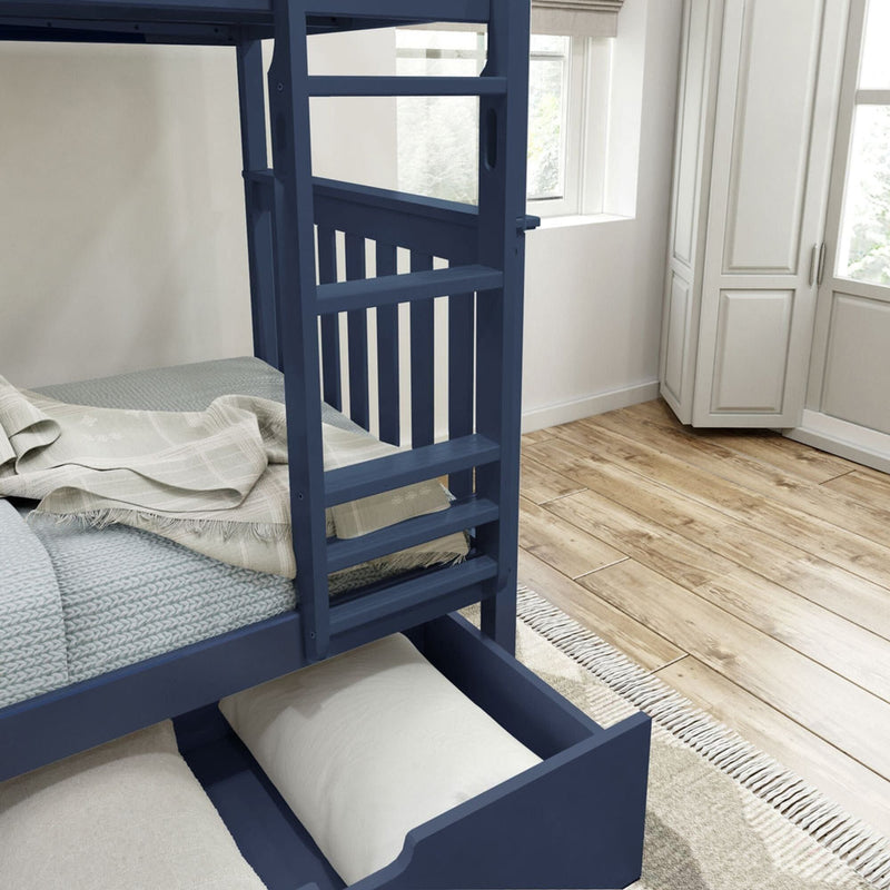 Blue wooden bunk bed with storage drawer and bedding in a modern bedroom.