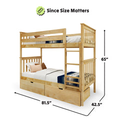 Wooden bunk bed with built-in drawers and dimensions 81.5 inches long, 42.5 inches wide, and 65 inches high.