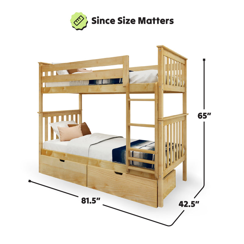 Wooden bunk bed with built-in drawers and dimensions 81.5 inches long, 42.5 inches wide, and 65 inches high.