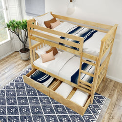 Wooden bunk bed with under-bed storage drawers in a bright bedroom with a blue patterned rug.
