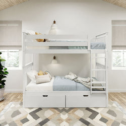 White wooden bunk bed with blue bedding in a modern bedroom setting, featuring under-bed storage drawers and decorative lighting.