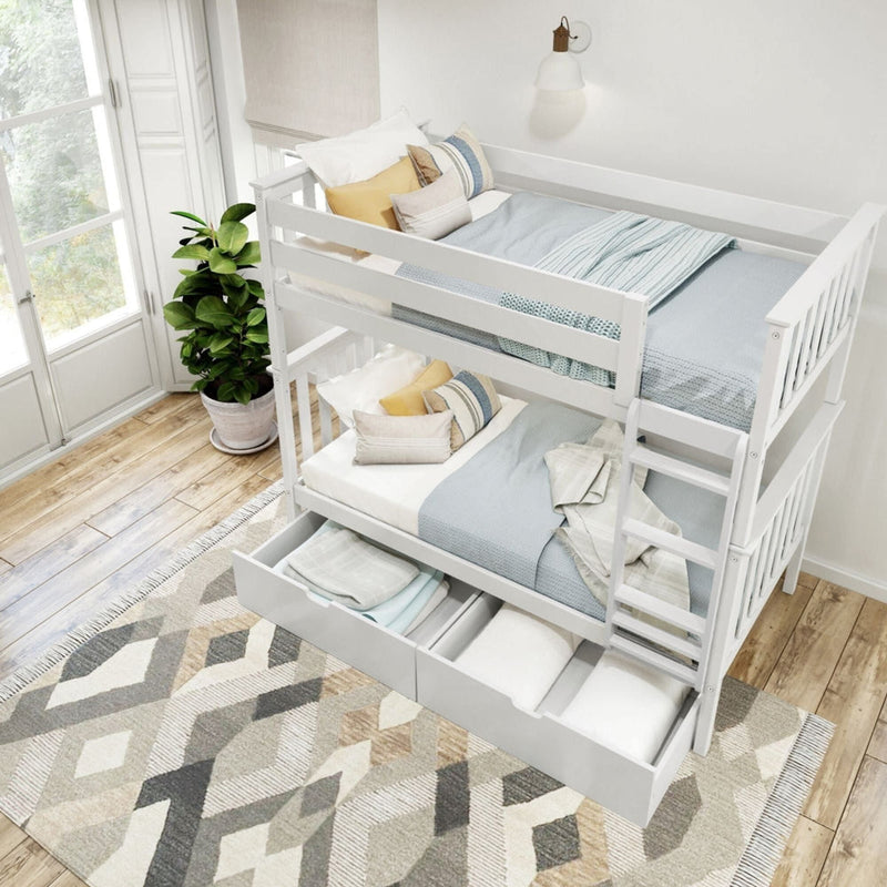 White wooden bunk bed with storage drawers, cozy bedding, and decorative pillows in a bright, modern bedroom.