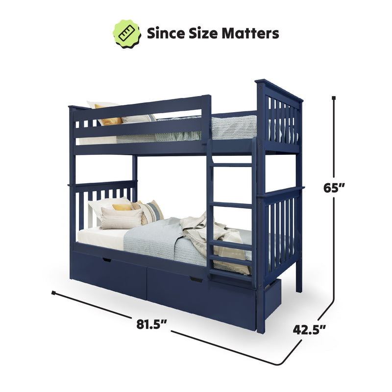 Navy blue wooden bunk bed with storage drawers dimensions: 81.5" L x 42.5" W x 65" H, ideal for kids' bedroom furniture.