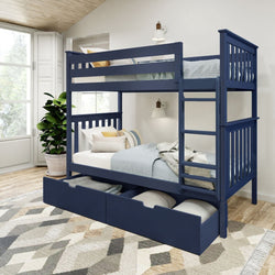 Blue wooden bunk bed with storage drawers in a modern, bright bedroom featuring a plant and stylish decor.