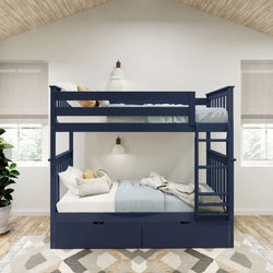 Blue wooden bunk bed with ladder in a modern bedroom, featuring cozy white and blue bedding, large windows, and a decorative rug.