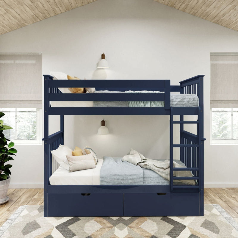 Blue wooden bunk bed with ladder in a modern bedroom, featuring cozy white and blue bedding, large windows, and a decorative rug.