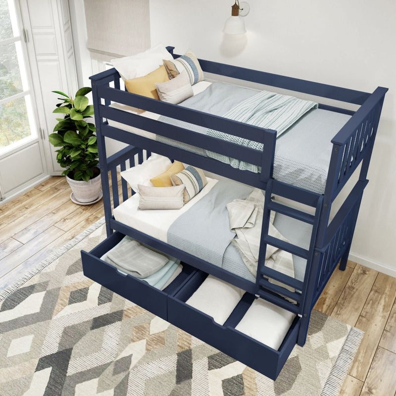 Navy blue wooden bunk bed with pull-out storage and modern bedding in a bright children's bedroom.
