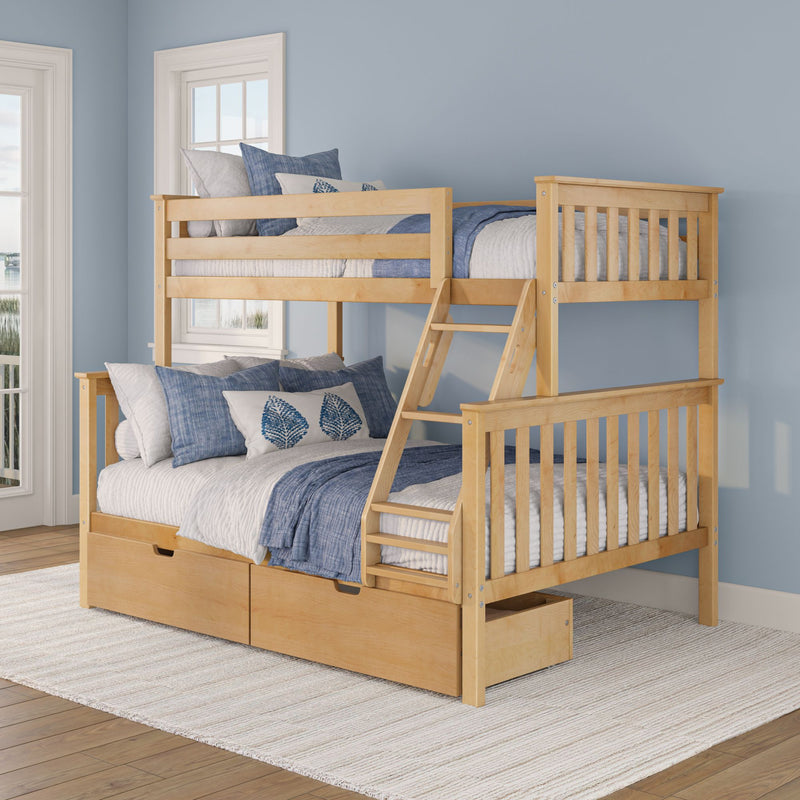 Light wood bunk bed with ladder and built-in storage drawers, blue-and-white coastal bedding and accent pillows in a kids' bedroom with pale blue walls and hardwood floors