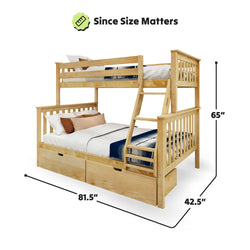 Wooden bunk bed with twin over full design, featuring storage drawers and a ladder, dimensions 81.5 inches long, 65 inches high, and 42.5 inches wide.