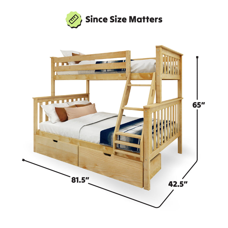 Wooden bunk bed with twin over full design, featuring storage drawers and a ladder, dimensions 81.5 inches long, 65 inches high, and 42.5 inches wide.