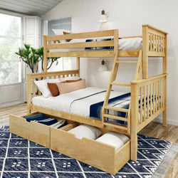 Wooden bunk bed with drawers for storage in modern bedroom.