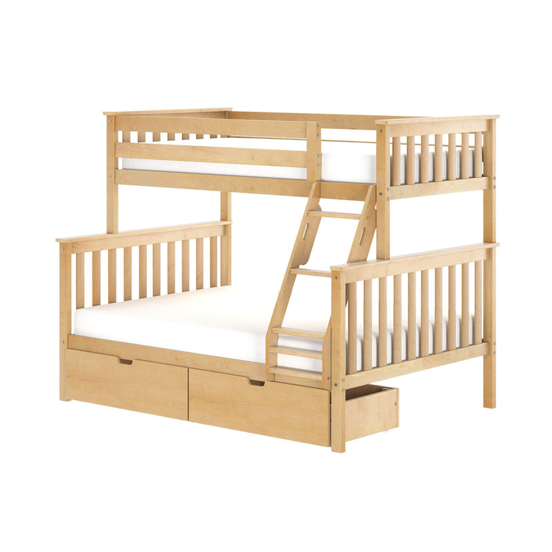 Natural maple wood loft bunk bed with ladder, slatted guardrails, white mattresses and built-in under-bed storage drawers