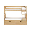 Natural maple twin-over-full wooden bunk bed with ladder, slatted guardrails and two under-bed storage drawers, white mattresses