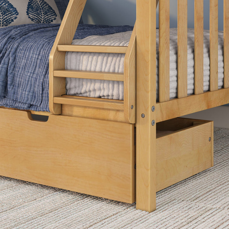 Close-up of solid wood bunk bed ladder and built-in under-bed storage drawer with natural maple finish and blue quilted bedding