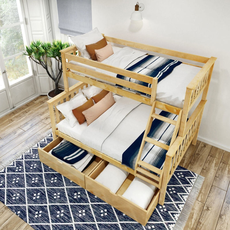Stylish wooden bunk bed with storage drawers, navy and white bedding, and decorative pillows in a bright bedroom.