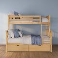 Wooden bunk bed with ladder and built-in storage drawers, blue quilted bedding and pillows in a light-blue kids' bedroom