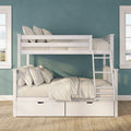 Kids white wooden bunk bed with ladder and under-bed storage drawers, beige bedding and pillows against teal textured wall