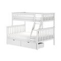 White wooden loft bunk bed with ladder, twin-over-full configuration, slatted guardrails and under-bed storage drawers for kids' bedroom