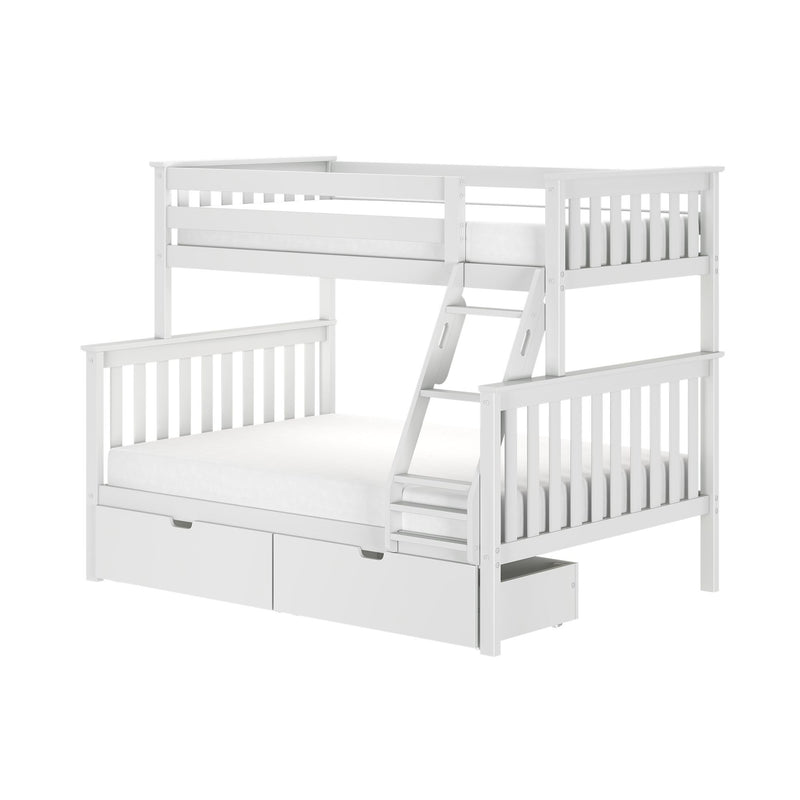 White wooden loft bunk bed with ladder, twin-over-full configuration, slatted guardrails and under-bed storage drawers for kids' bedroom