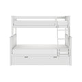 White wooden twin-over-full bunk bed with ladder and under-bed storage drawers, modern kids' loft bed