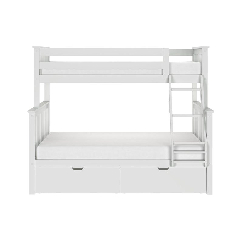 White wooden twin-over-full bunk bed with ladder and under-bed storage drawers, modern kids' loft bed