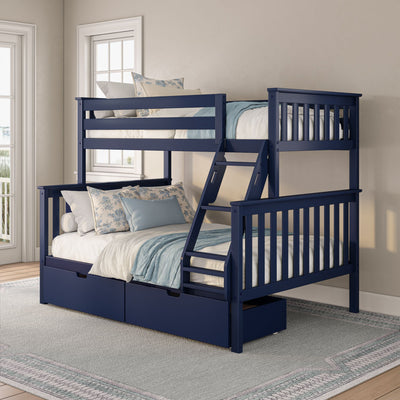 Navy blue twin-over-full bunk bed with ladder and under-bed drawers, blue floral pillows and white linens in sunlit kids' room.