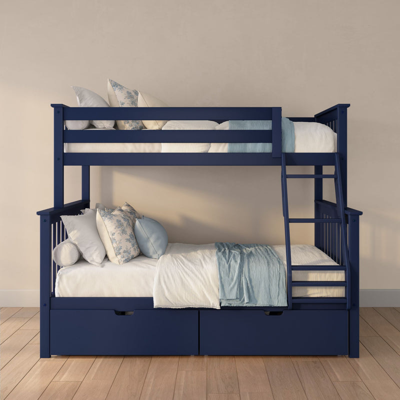 Modern navy blue wooden bunk bed with ladder and under-bed storage drawers, styled with white and blue bedding and floral pillows in a kids' bedroom
