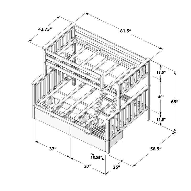 Wooden twin-over-full bunk bed assembly diagram with dimensions in inches, showing ladder, slatted guardrails, mattress support slats and under-bed storage drawers