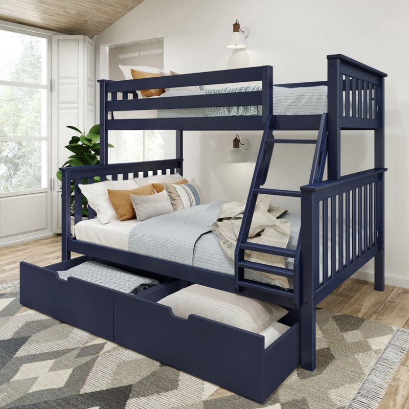 Blue wooden bunk bed with storage drawers in a modern bedroom, featuring white and beige bedding, under natural lighting.