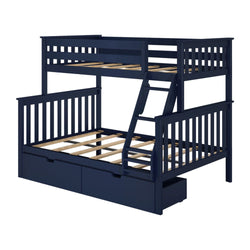 Blue wooden bunk bed with ladder and storage drawers for kids' room.