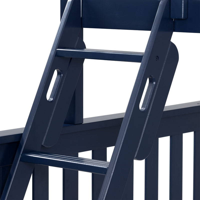 Close-up of navy blue painted wooden ladder showing angled side rails, rungs and joinery detail