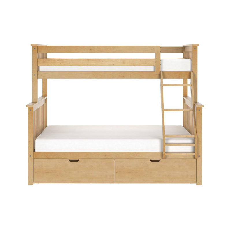 Solid maple twin-over-full bunk bed with ladder and built-in under-bed storage drawers in a natural finish, ideal for a kids' bedroom