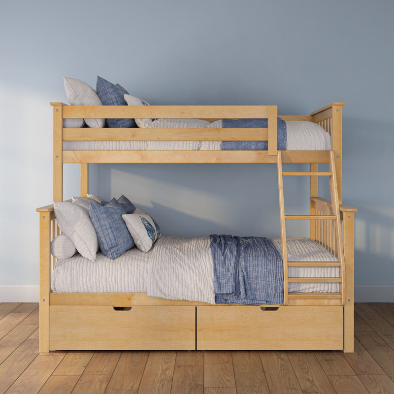 Wooden bunk bed with ladder and under-bed drawers, blue and gray bedding against a pale blue wall on hardwood floor