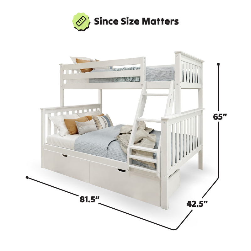 White wooden bunk bed with ladder, featuring dimensions 81.5" length, 42.5" width, and 65" height, emphasizing "Since Size Matters.