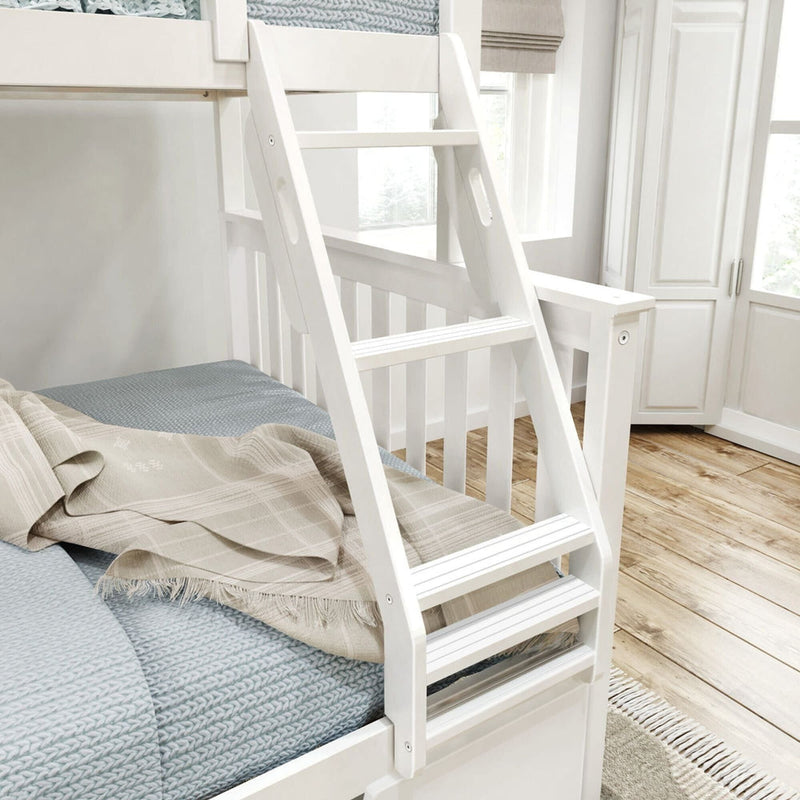 White wooden bunk bed ladder with cozy blankets, modern bedroom design.