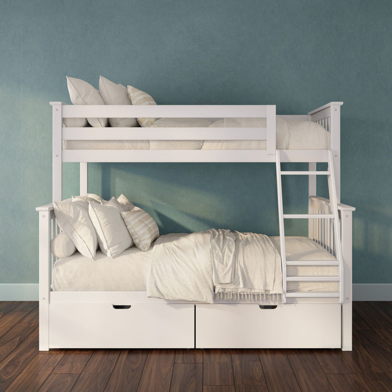 White wooden bunk bed with ladder and under-bed storage drawers, neutral beige bedding and striped pillows against a teal accent wall in a modern kids' bedroom