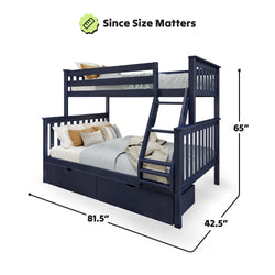 Blue bunk bed with ladder, twin and full size beds, dimensions 65" height, 81.5" length, 42.5" width, featuring under-bed storage drawers.