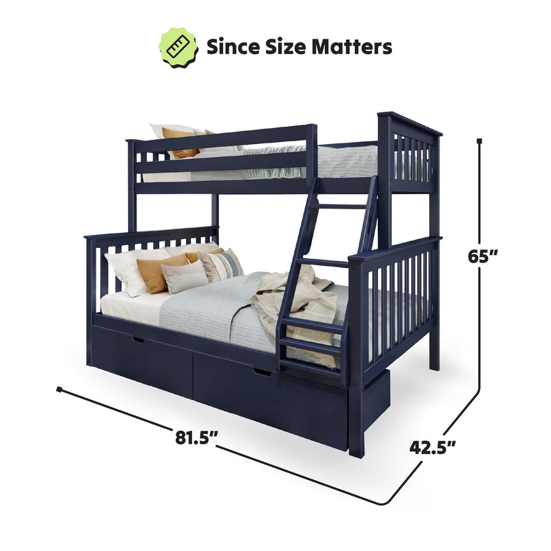 Blue bunk bed with ladder, twin and full size beds, dimensions 65" height, 81.5" length, 42.5" width, featuring under-bed storage drawers.
