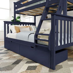 Navy blue wooden bunk bed with integrated storage drawers in modern bedroom.
