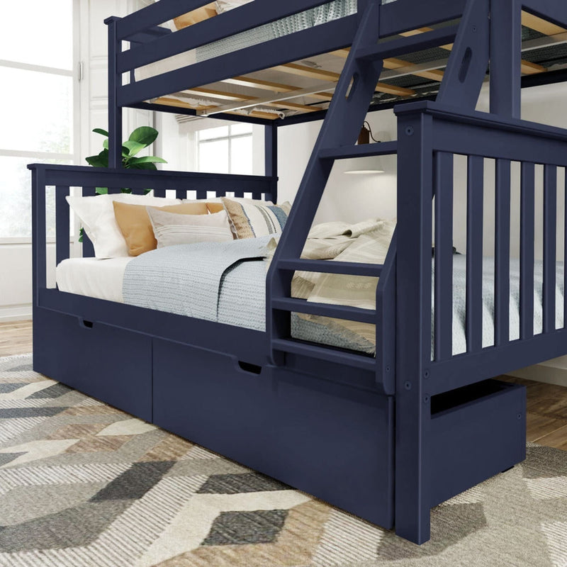 Navy blue wooden bunk bed with integrated storage drawers in modern bedroom.