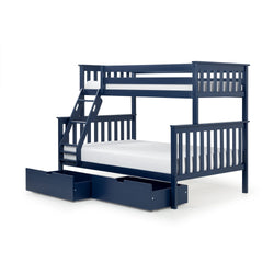 Navy blue wooden twin-over-full bunk bed with angled ladder, slatted guardrails, white mattresses and two pull-out under-bed storage drawers on a white background