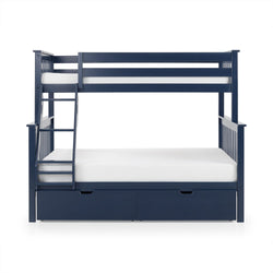 Space-saving navy blue wooden twin-over-full bunk bed with ladder, white mattresses and built-in underbed storage drawers for kids' bedroom