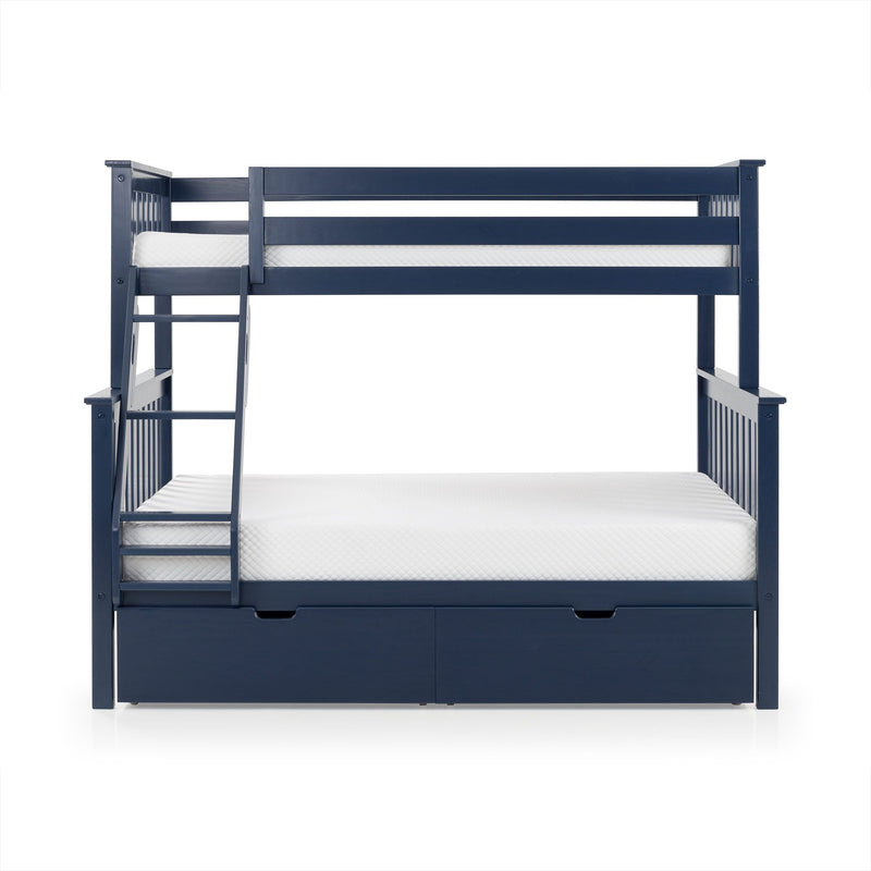 Space-saving navy blue wooden twin-over-full bunk bed with ladder, white mattresses and built-in underbed storage drawers for kids' bedroom