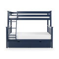 Space-saving navy blue wooden twin-over-full bunk bed with ladder, white mattresses and built-in underbed storage drawers for kids' bedroom